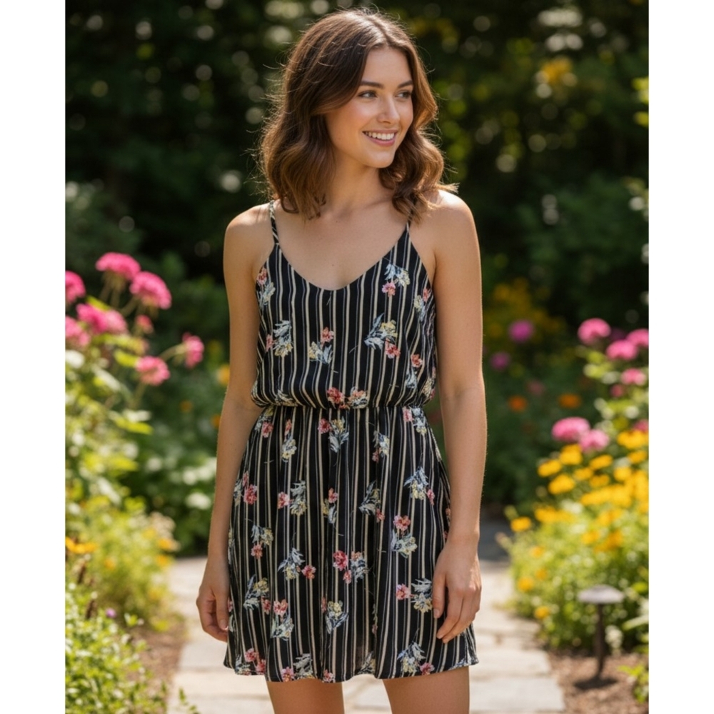 Lush Scoop Neck Floral Dress Black Size S